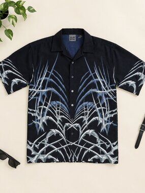 Authentic Shaolin Y2K Navy Blue Tribal Graphic Button Down Shirt Men's XL